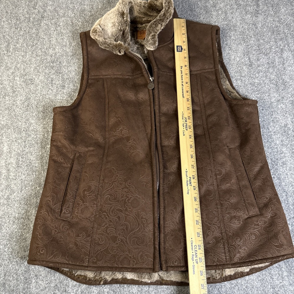 Outback Trading Co. Tooled Vest Women's Large Brown Full Zip Faux Fur Western - Picture 7 of 7